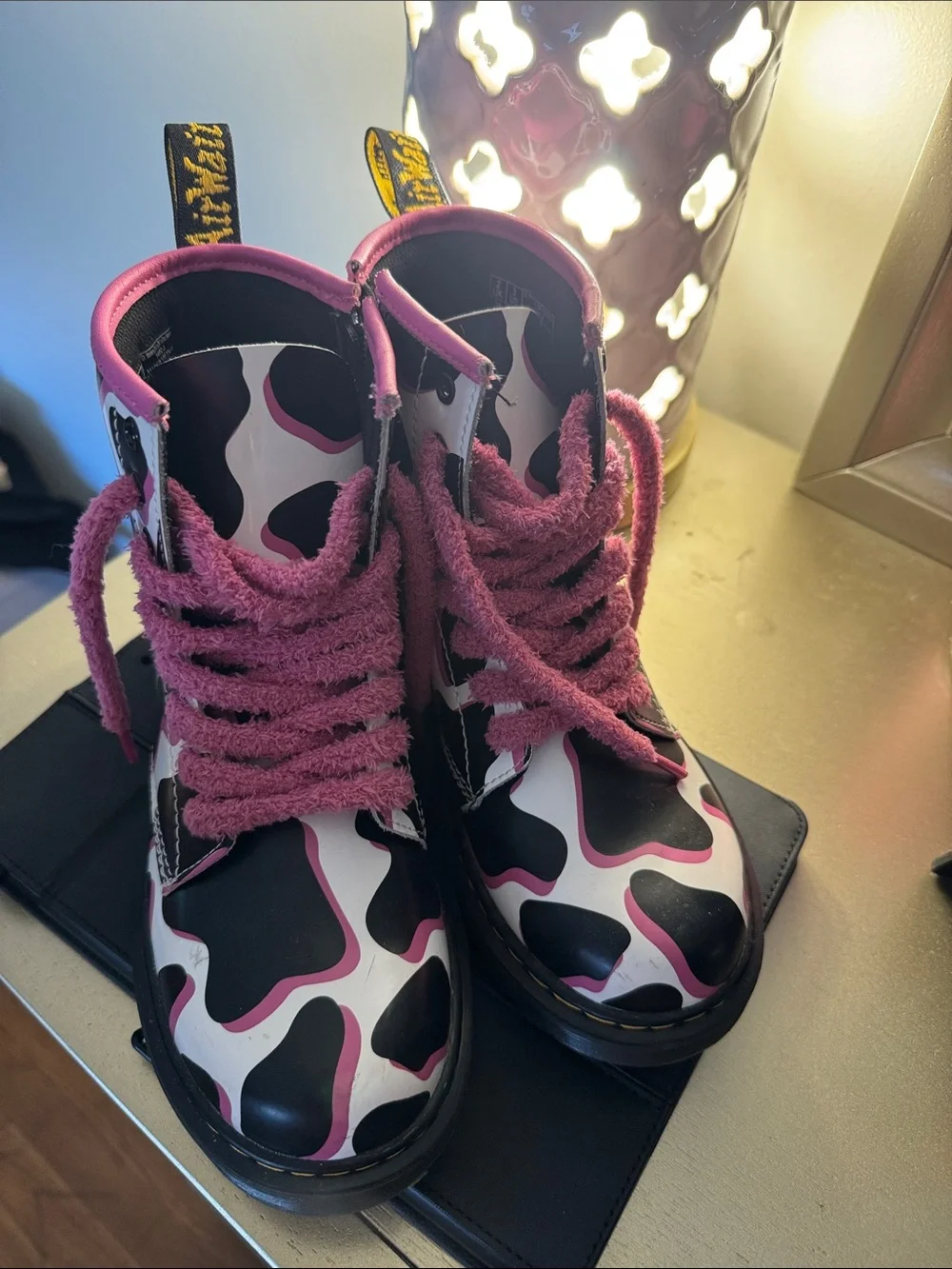 Dr. Martens Kids Pink & Black Cow-Pattern Lace-Up Boots